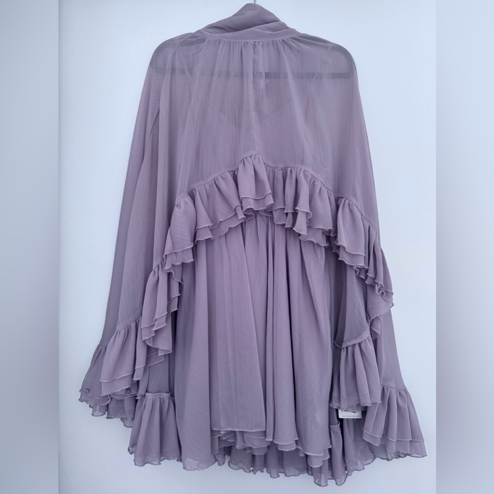 Semi-Sheer Chiffon Ruffle Dress With Outer Cape | Size Large | Pink